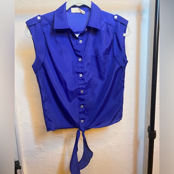 Jewel Blue Button Down Top with Front Tie - Picture 1 of 6